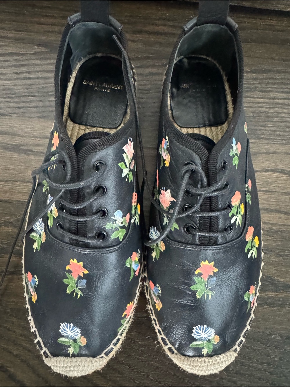 Saint Laurent Black Floral Embroidered Lace-Up Espadrille Boots